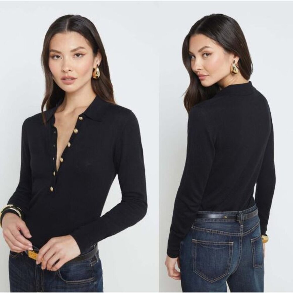 NEW L'agence Sterling Collared Pullover Henley Slim Fit Sweater Black Size: XL